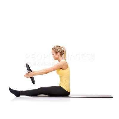 Buy stock photo Woman, pilates ring and arms for stretching exercise on yoga mat or resistance healthy, roll up or studio white background. Female person, equipment for muscle flexibility, wellness balance or mockup