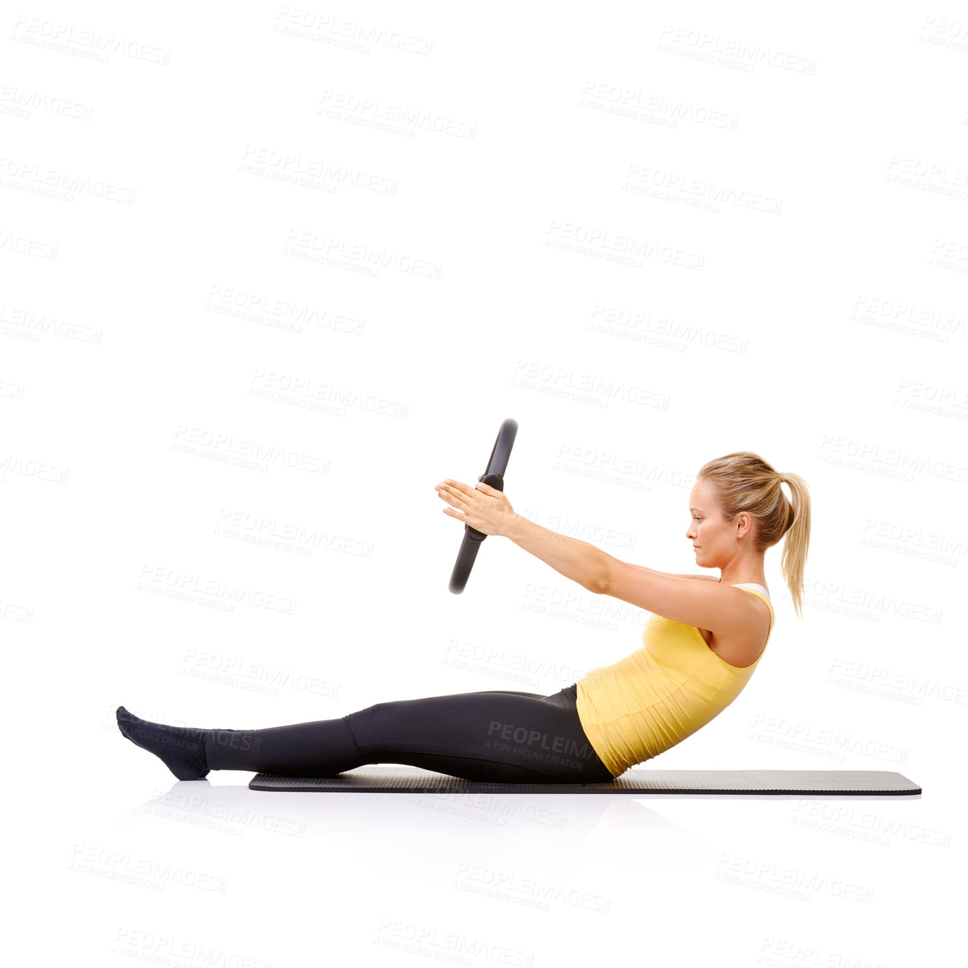 Buy stock photo Woman, pilates ring and arms for balance stretching on yoga mat or resistance health, roll up or studio white background. Female person, equipment for muscle flexibility, wellness strength or mockup