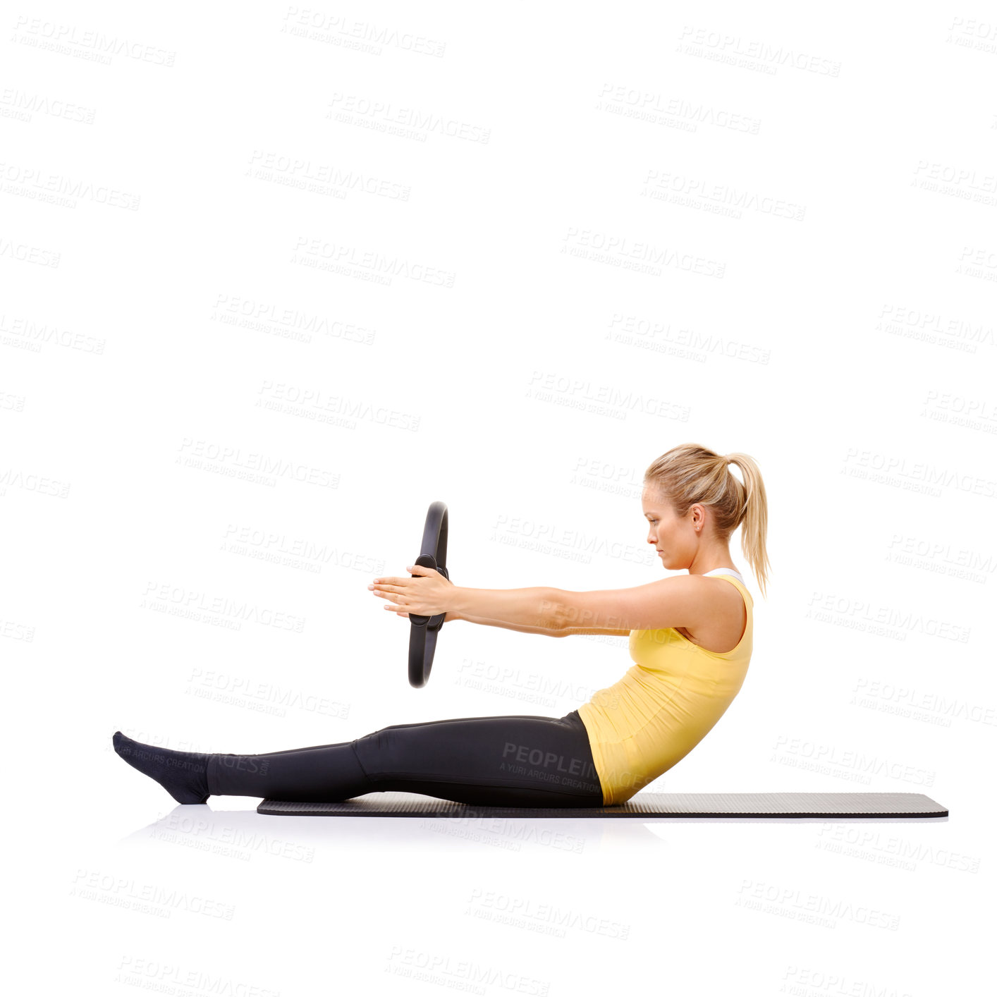Buy stock photo Pilates ring, arms and woman exercise in studio isolated on a white background mockup space. Training, person on mat and magic circle for fitness, balance and healthy body muscle workout on floor