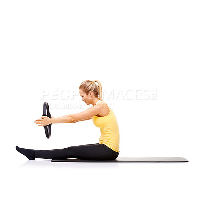Buy stock photo Pilates ring, arms and woman training in studio isolated on a white background mockup space. Exercise shoulders, person on mat and magic circle for fitness, balance and healthy body workout on floor