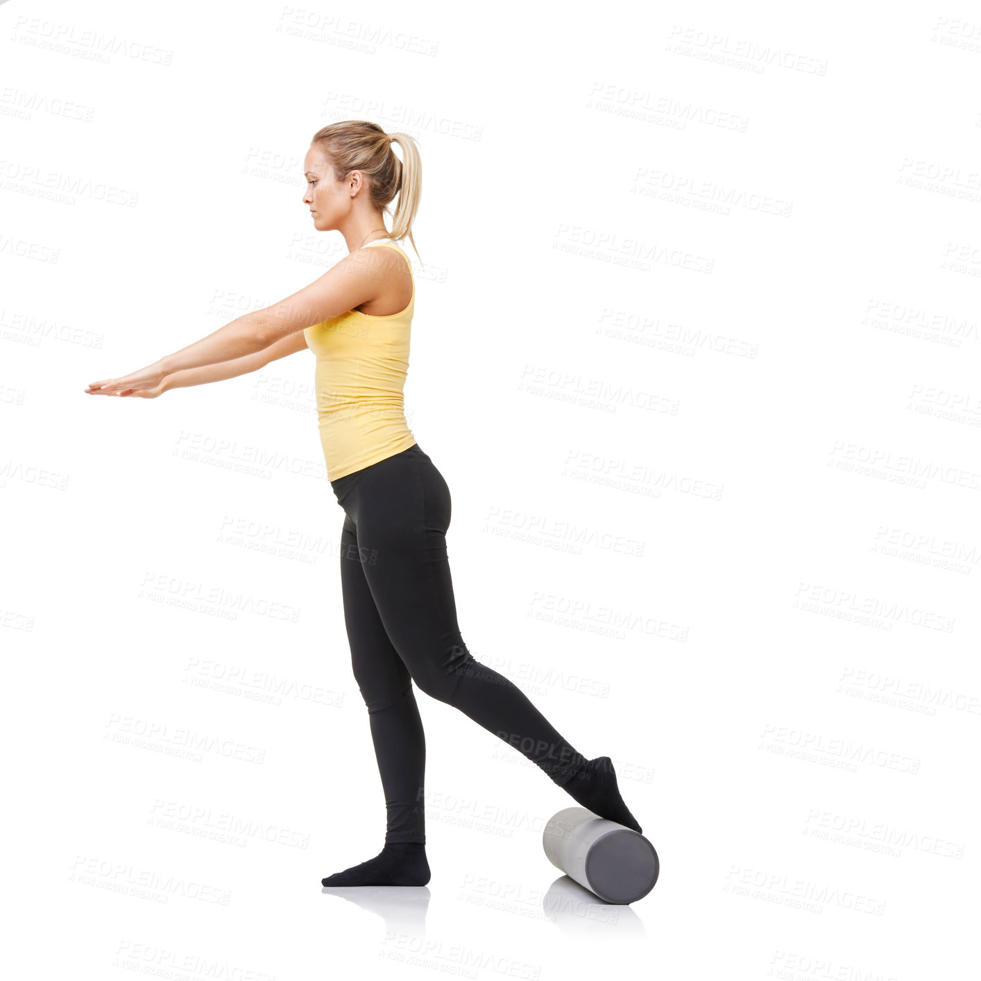 Buy stock photo Studio, foam roller and woman training for leg strength challenge, balance or rehabilitation fitness. Pilates, mockup space or girl workout for body wellness, recovery or activity on white background