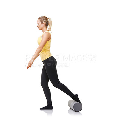 Buy stock photo Studio, foam roller and woman workout legs for strength challenge, gym club performance or quad muscle rehabilitation. Pilates exercise, mockup space and female athlete training on white background