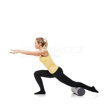 Buy stock photo Workout, foam roller and woman with legs exercise, lunge or balance for endurance challenge, gym club performance or stretching. Pilates, fitness studio or female athlete training on white background