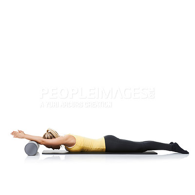 Buy stock photo Yoga, foam roller and woman in floor exercise, stretching or gym performance for wellness, fitness or pilates training. Workout equipment, mockup studio space or person isolated on white background