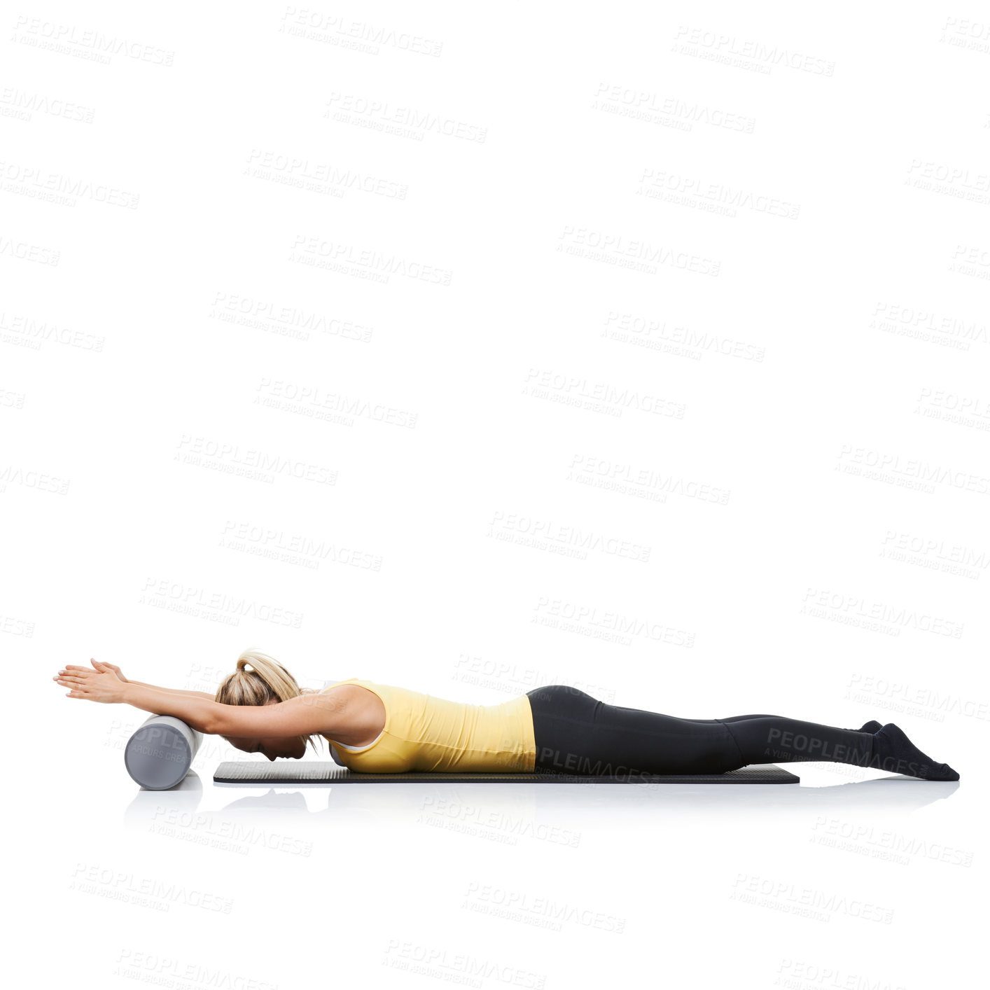 Buy stock photo Yoga, foam roller and woman in floor exercise, stretching or gym performance for wellness, fitness or pilates training. Workout equipment, mockup studio space or person isolated on white background