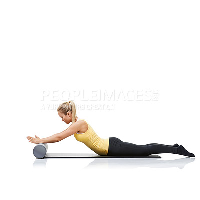 Buy stock photo Yoga, foam roller and woman in core exercise, stretching or gym routine for body wellness, fitness or pilates training. Workout equipment, mockup studio space and athlete on white background ground