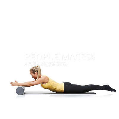 Buy stock photo Yoga, foam roller and woman in core workout, stretching or gym routine for wellness, fitness or pilates training. Active, mockup studio space and athlete performance on white background ground