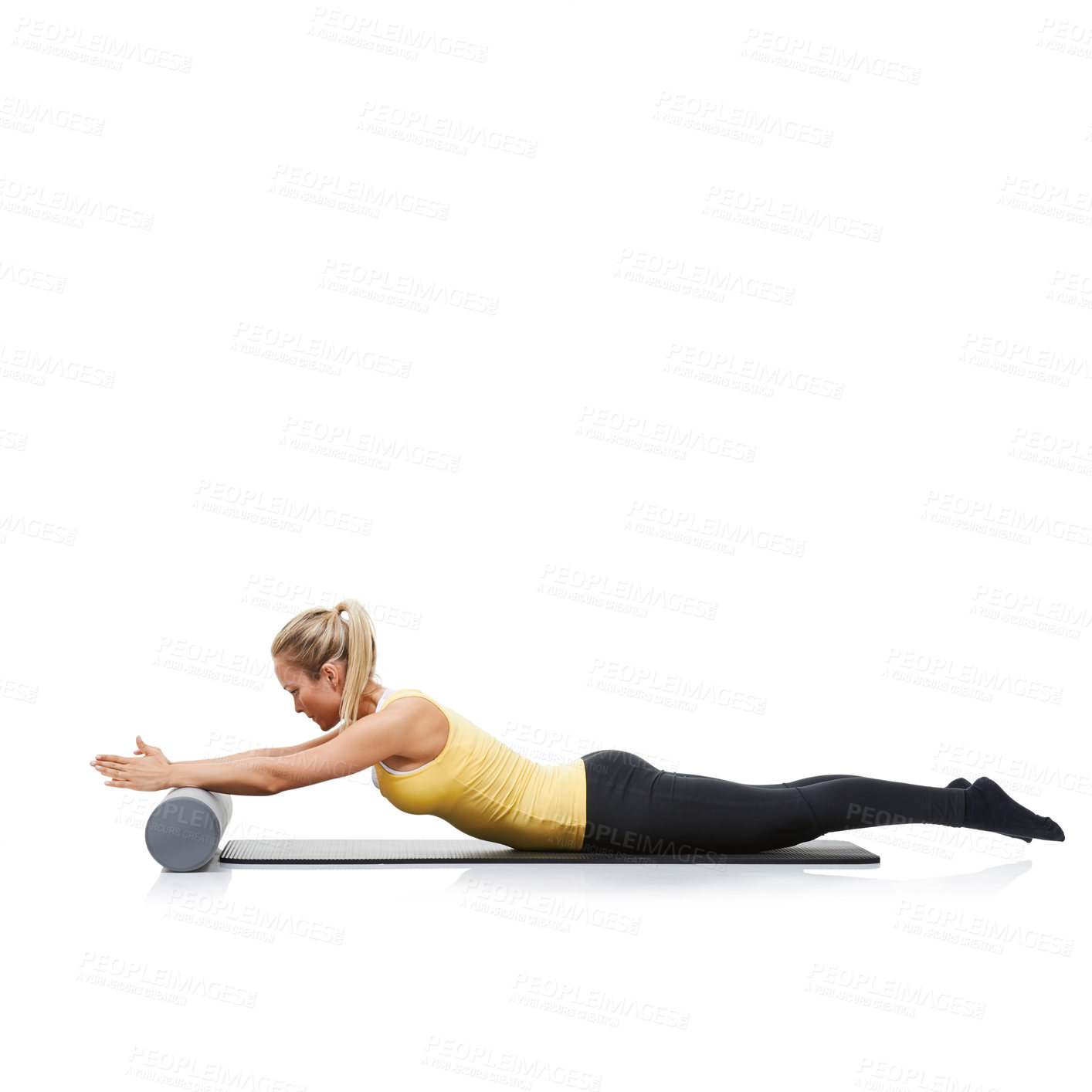 Buy stock photo Yoga, foam roller and woman in core workout, stretching or gym routine for wellness, fitness or pilates training. Active, mockup studio space and athlete performance on white background ground