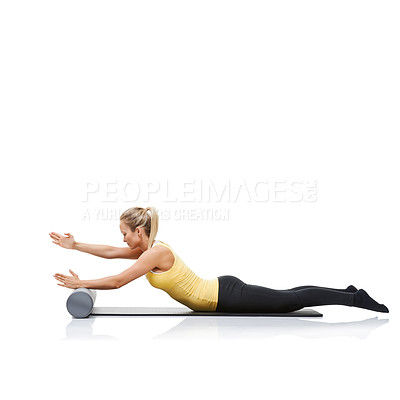 Buy stock photo Pilates, foam roller and woman in floor workout, stretching or gym routine for wellness, fitness or physical training. Activity, mockup studio space and profile of female athlete on white background