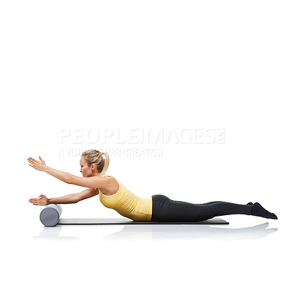 Buy stock photo Pilates, foam roller and woman in floor exercise, stretching or gym routine for sports wellness, fitness or physical training. Stability, mockup studio space or profile of athlete on white background