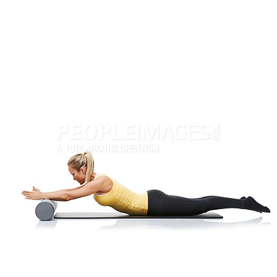 Buy stock photo Pilates, foam roller and fitness woman in floor exercise, stretching or sports wellness for core strength, workout or training. Balance, mockup studio space and athlete commitment on white background