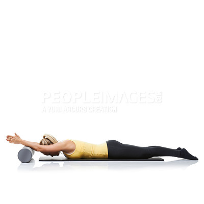 Buy stock photo Studio pilates, foam roller and fitness woman in floor exercise, stretching or sports wellness for core strength. Ground, mockup space and athlete equipment for workout support on white background