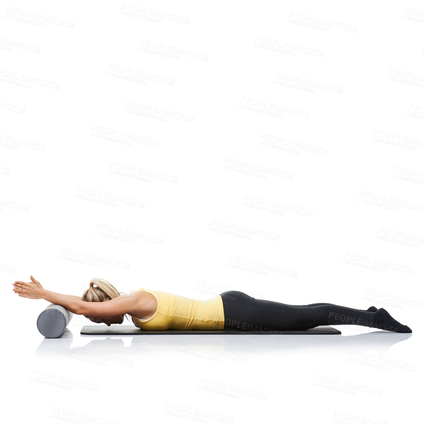 Buy stock photo Studio pilates, foam roller and fitness woman in floor exercise, stretching or sports wellness for core strength. Ground, mockup space and athlete equipment for workout support on white background