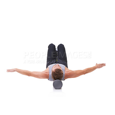 Buy stock photo Balance, foam roller and person in pilates training, floor stability or muscle endurance activity for spine rehabilitation. Studio, mockup space and athlete core strength exercise on white background