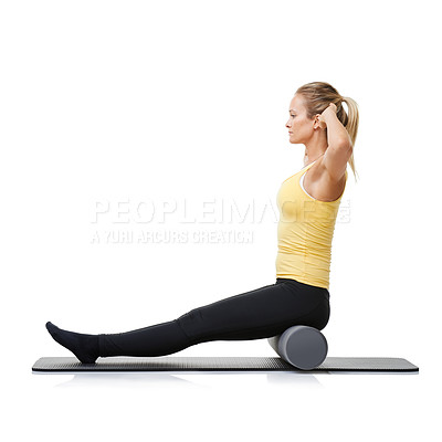Buy stock photo Core workout, foam roller and studio woman with posture exercise, pilates balance or gym performance challenge. Ground, body training and athlete sitting on fitness club equipment on white background