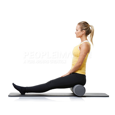 Buy stock photo Woman, foam and roller on mat for yoga, exercise or fitness workout in studio on white background. Pilates, profile or healthy lady balance on rolling tube for training, strong core or massage muscle