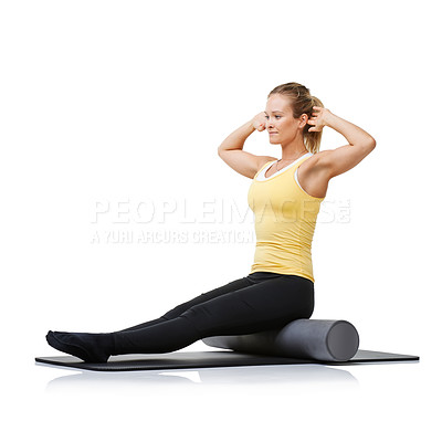 Buy stock photo Studio workout, foam roller and pilates woman with posture training, core wellness challenge or stretching exercise for recovery. Ground, yoga mat and athlete physical activity on white background