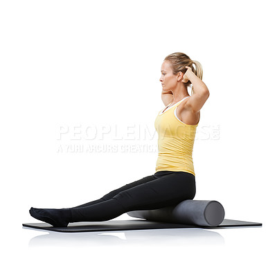 Buy stock photo Studio fitness, foam roller and pilates woman with posture training, core wellness challenge or active stretching exercise. Ground, yoga mat and profile of physical activity girl on white background