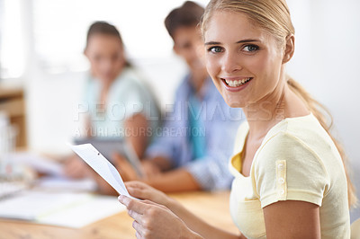 Buy stock photo Smile, document and portrait of woman in a meeting in office for project planning or brainstorming. Happy, team and closeup of young female designer from Australia working with paperwork in workplace