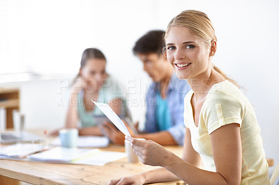 Buy stock photo Happy, document and portrait of woman in a meeting in office for project planning or brainstorming. Smile, team and closeup of young female designer from Australia working with paperwork in workplace