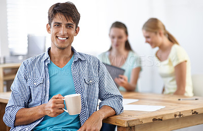 Buy stock photo Businessman, drinking coffee and smile in portrait, employee and confidence for career and planning. Indian male person, teamwork and pride for collaboration or support in office, happy and hot tea