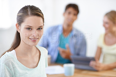 Buy stock photo Smile, portrait and young woman in meeting in office for project planning or brainstorming. Happy, team and closeup of professional female designer from Australia working with paperwork in workplace.