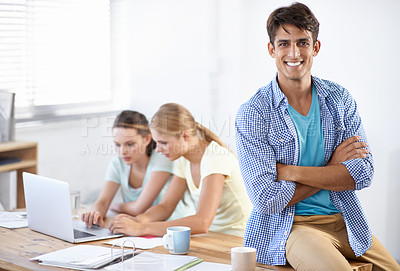 Buy stock photo Business portrait of happy man at desk with team, laptop and paperwork at coworking accounting office. Happy startup, manager and women on website for admin documents at online tax consulting agency.
