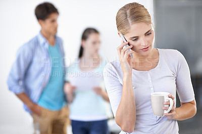 Buy stock photo Business woman, phone call and drinking coffee, networking and communication on technology in office. Female person, tea and speaking on smartphone in workplace, colleagues and teamwork or internet