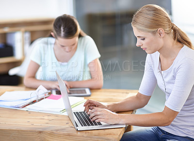 Buy stock photo Business woman, internet and typing on laptop, networking and online communication or research. Female person, technology and connection or collaboration in office, planning and web for information