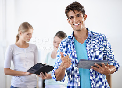 Buy stock photo Business, portrait man with thumbs up and tablet at coworking at accounting office. Happy startup people, businessman and hand gesture for agreement, thanks and deal with digital creative agency.