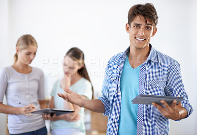 Buy stock photo Tablet, smile and portrait of man in office doing research on the internet for creative project. Happy, digital technology and young male designer manager from Mexico with shrug gesture in workplace.