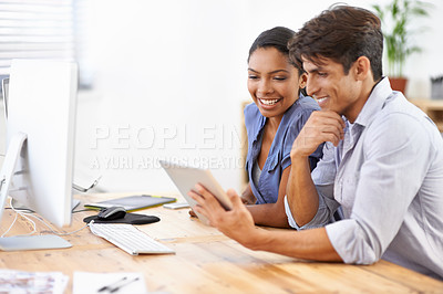 Buy stock photo Business people, tablet and collaboration for project management in office, discussion and tech. Partnership, communication and smiling for online research or internet connection, support and happy