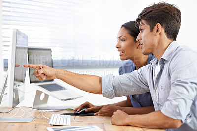 Buy stock photo Teamwork, computer or web developers with research or news in office for helping or talking together. Support, collaboration or employees speaking of information technology data or digital network