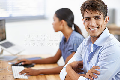 Buy stock photo Crossed arms, smile and portrait of man in the office with positive, good and confident attitude. Happy, smart and young male creative designer from Mexico working on project in modern workplace.