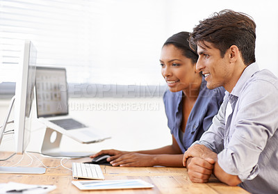 Buy stock photo Teamwork, computer or web developers with research or IT support in office for online help. Diversity, collaboration or people speaking of information technology data, programming or digital network