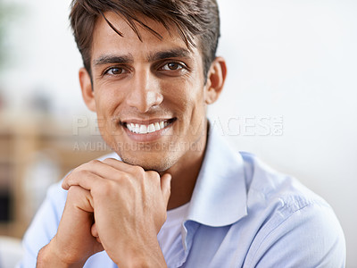 Buy stock photo Businessman, confidence and smile in portrait, happy entrepreneur with positive for startup. Male person, face and proud with profession employee at company, professional designer and joy in office