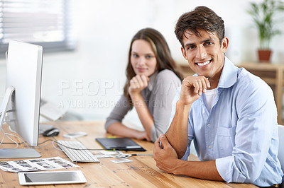 Buy stock photo Happy, smile and portrait of man in the office with positive, good and confident attitude. Career, pride and smart young male creative designer from Mexico working on project in modern workplace.