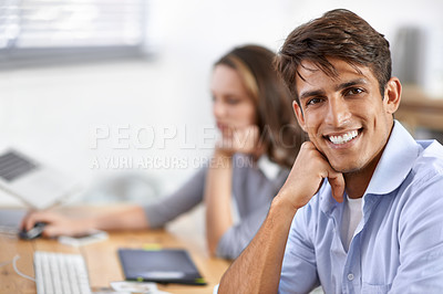 Buy stock photo Smile, happy and portrait of businessman in the office with positive, good and confident attitude. Smart, professional and male creative designer from Mexico working on a project in modern workplace.
