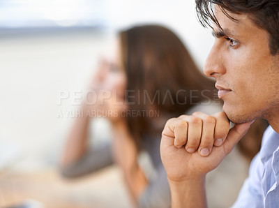 Buy stock photo Business man, profile and thinking on company future and contemplating in office for work. Male person, side view and professional or inspiration for ideas, growth and vision for career development