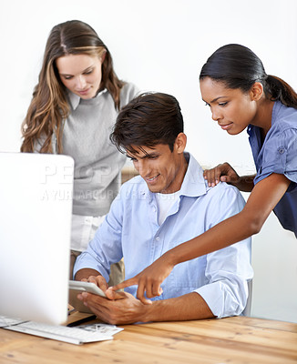 Buy stock photo Teamwork, tablet and discussion and planning on technology in office, collaboration and cooperation. Business people, internet connection and website for online research, project and communication