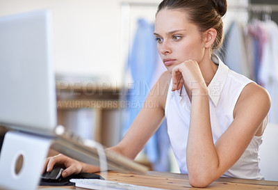 Buy stock photo Fashion designer, woman thinking and laptop for project ideas, creative planning or graphic design software.Young online artist, seller or textile worker on computer for fabric research or e commerce