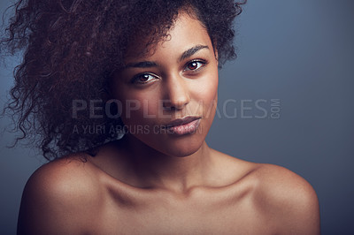 Buy stock photo African woman, curly hair and studio portrait with makeup, cosmetics and health by dark background. Girl, model and wellness with skincare, natural aesthetic and glow on face with beauty by backdrop