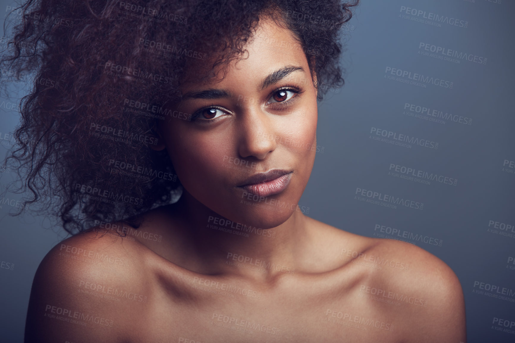 Buy stock photo African woman, curly hair and studio portrait with makeup, cosmetics and health by dark background. Girl, model and wellness with skincare, natural aesthetic and glow on face with beauty by backdrop
