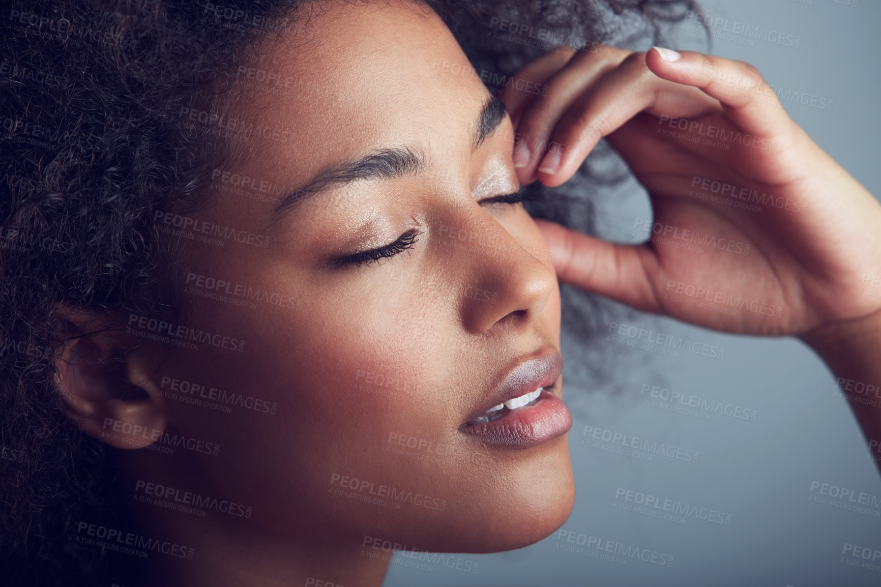 Buy stock photo Skincare, face and black woman in studio for cosmetics, wellness or treatment on grey background. Beauty, shine and African female model with glowing skin, dermatology or self care routine results 