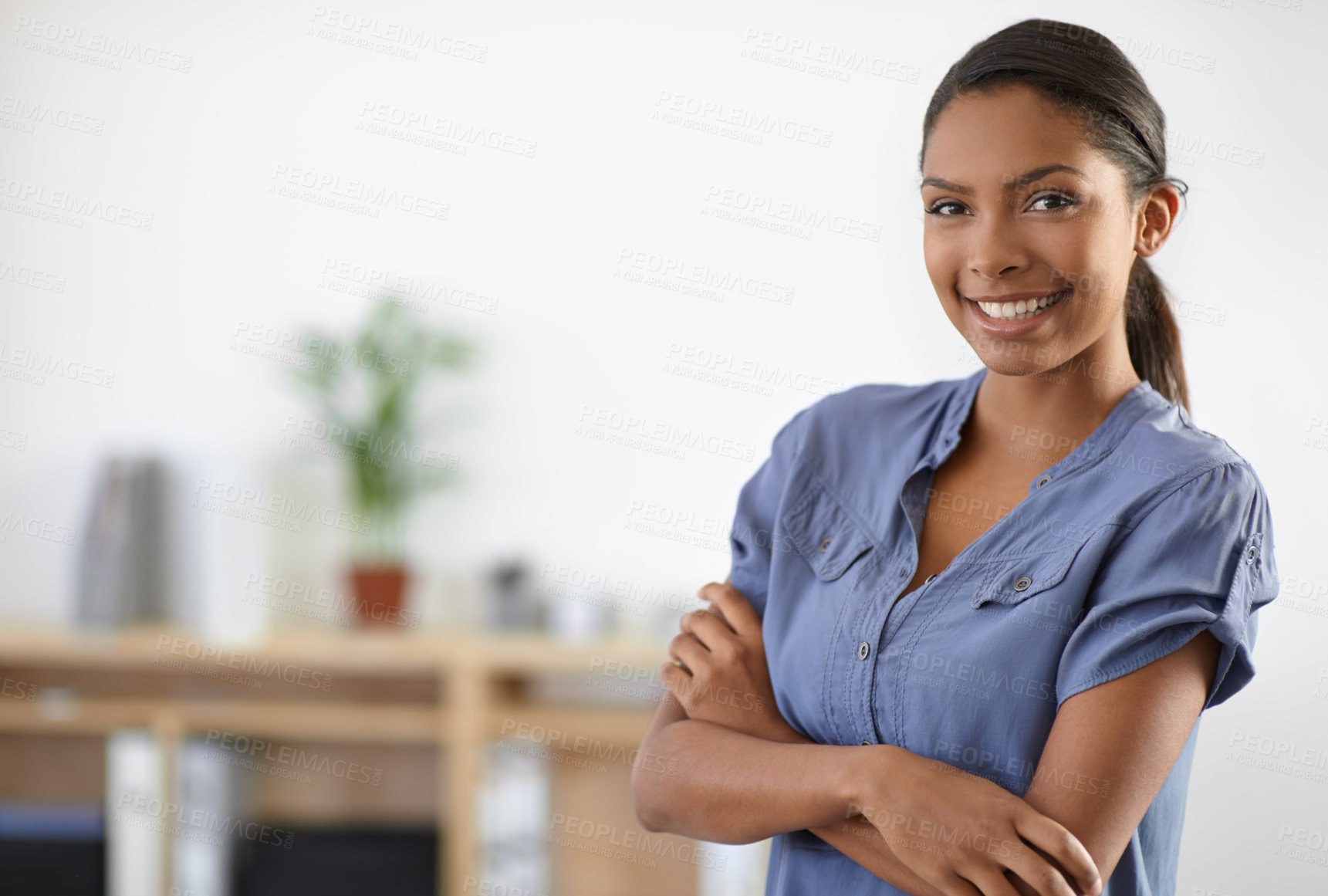 Buy stock photo Woman, portrait and arms crossed for work confidence, business professional or happy employee. Indian person, face and smile in company office or career entrepreneur, management pride or creative job
