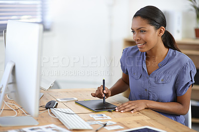 Buy stock photo Tablet, computer and graphic design woman doing drawing of creative CAD, digital sketch or online rendering. Tools, editing pen and happy professional designer working on development process