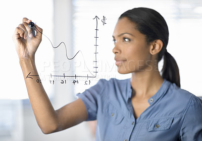 Buy stock photo A beautiful African-American woman drawing a graph on a glass wall