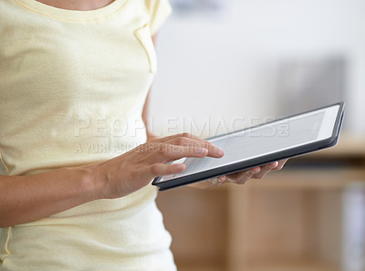 Buy stock photo Person, hand and tablet for online communication or technology planning, social media or internet screen. Fingers, close up and typing as digital research or keyboard conversation, email or project