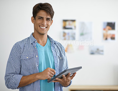 Buy stock photo Office, tablet and portrait of business man for communication, social media and website. Professional, creative agency and face of worker on digital tech for internet, research and online networking