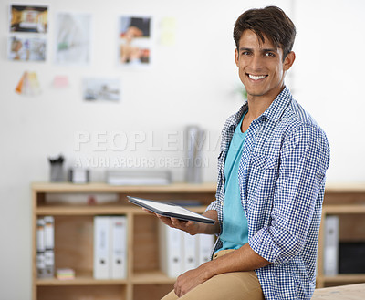 Buy stock photo Business man, portrait and tablet in office for graphic design planning, research and software management. Happy digital designer, artist or creative worker with online project, startup or technology